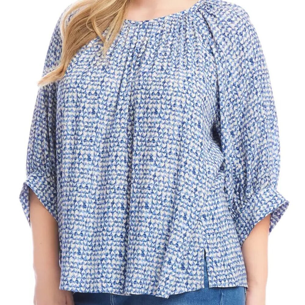 Karen Kane Heart Print Top Women's Petite Size XLP Blue Lightweight Boho Crepe